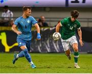 27 September 2022; Ollie O'Neill of Republic of Ireland in action against Eden Karzev of Israel during the UEFA European U21 Championship play-off second leg match between Israel and Republic of Ireland at Bloomfield Stadium in Tel Aviv, Israel. Photo by Seb Daly/Sportsfile