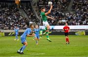 27 September 2022; Evan Ferguson of Republic of Ireland in action against Noam Gil Melamud of Israel during the UEFA European U21 Championship play-off second leg match between Israel and Republic of Ireland at Bloomfield Stadium in Tel Aviv, Israel. Photo by Seb Daly/Sportsfile