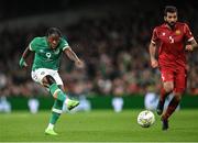 27 September 2022; Michael Obafemi of Republic of Ireland shoots to score his side's second goal during the UEFA Nations League B Group 1 match between Republic of Ireland and Armenia at Aviva Stadium in Dublin. Photo by Ramsey Cardy/Sportsfile