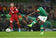 27 September 2022; Michael Obafemi of Republic of Ireland shoots to score his side's second goal during the UEFA Nations League B Group 1 match between Republic of Ireland and Armenia at Aviva Stadium in Dublin. Photo by Eóin Noonan/Sportsfile