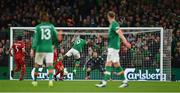 27 September 2022; Michael Obafemi of Republic of Ireland shoots to score his side's second goal during the UEFA Nations League B Group 1 match between Republic of Ireland and Armenia at Aviva Stadium in Dublin. Photo by Ben McShane/Sportsfile