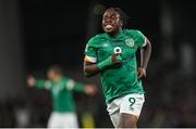 27 September 2022; Michael Obafemi of Republic of Ireland celebrates after scoring his side's second goal during the UEFA Nations League B Group 1 match between Republic of Ireland and Armenia at Aviva Stadium in Dublin. Photo by Ramsey Cardy/Sportsfile