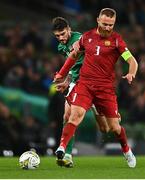 27 September 2022; Varazdat Haroyan of Armenia in action against Troy Parrott of Republic of Ireland during the UEFA Nations League B Group 1 match between Republic of Ireland and Armenia at Aviva Stadium in Dublin. Photo by Eóin Noonan/Sportsfile