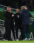 27 September 2022; Republic of Ireland manager Stephen Kenny and his coaches celebrate after Michael Obafemi scored their second goal during the UEFA Nations League B Group 1 match between Republic of Ireland and Armenia at Aviva Stadium in Dublin. Photo by Eóin Noonan/Sportsfile