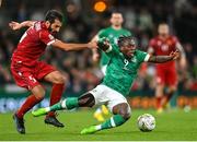 27 September 2022; Michael Obafemi of Republic of Ireland and Artak Grigoryan of Armenia during the UEFA Nations League B Group 1 match between Republic of Ireland and Armenia at Aviva Stadium in Dublin. Photo by Ramsey Cardy/Sportsfile