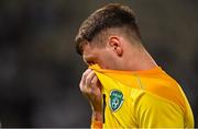 27 September 2022; Republic of Ireland goalkeeper Brian Maher reacts after defeat in a penalty shoot out after the UEFA European U21 Championship play-off second leg match between Israel and Republic of Ireland at Bloomfield Stadium in Tel Aviv, Israel. Photo by Seb Daly/Sportsfile