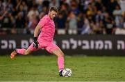 27 September 2022; Israel goalkeeper Daniel Peretz scores a penalty during the penalty shoot out after the UEFA European U21 Championship play-off second leg match between Israel and Republic of Ireland at Bloomfield Stadium in Tel Aviv, Israel. Photo by Seb Daly/Sportsfile