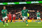 27 September 2022; Robbie Brady of Republic of Ireland celebrates after scoring his side's third goal, a penalty, during the UEFA Nations League B Group 1 match between Republic of Ireland and Armenia at Aviva Stadium in Dublin. Photo by Ramsey Cardy/Sportsfile