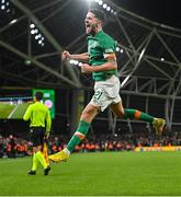 27 September 2022; Robbie Brady of Republic of Ireland celebrates after scoring his side's third goal, a penalty, during the UEFA Nations League B Group 1 match between Republic of Ireland and Armenia at Aviva Stadium in Dublin. Photo by Ramsey Cardy/Sportsfile