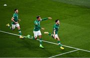 27 September 2022; Robbie Brady of Republic of Ireland celebrates with teammates Callum Robinson and Alan Browne after scoring a goal from a penalty during UEFA Nations League B Group 1 match between Republic of Ireland and Armenia at Aviva Stadium in Dublin. Photo by Sam Barnes/Sportsfile