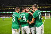 27 September 2022; Robbie Brady of Republic of Ireland, centre, celebrates with team-mates, from left, Conor Hourihane, Alan Browne Nathan Collins and Dara O'Shea after scoring their side's third goal during the UEFA Nations League B Group 1 match between Republic of Ireland and Armenia at Aviva Stadium in Dublin. Photo by Ramsey Cardy/Sportsfile