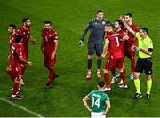 27 September 2022; Artak Dashyan of Armenia, far left, is shown a red card by referee Rade Obrenovic during the UEFA Nations League B Group 1 match between Republic of Ireland and Armenia at Aviva Stadium in Dublin. Photo by Sam Barnes/Sportsfile