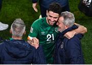 27 September 2022; Robbie Brady of Republic of Ireland, left, celebrates with team doctor Alan Byrne after the UEFA Nations League B Group 1 match between Republic of Ireland and Armenia at Aviva Stadium in Dublin. Photo by Sam Barnes/Sportsfile