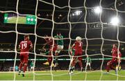 27 September 2022; John Egan of Republic of Ireland heads his side's first goal during the UEFA Nations League B Group 1 match between Republic of Ireland and Armenia at Aviva Stadium in Dublin. Photo by Eóin Noonan/Sportsfile