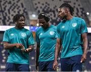 27 September 2022; Republic of Ireland players, from left, Festy Ebosele, Mipo Odubeko and Joshua Kayode before the UEFA European U21 Championship play-off second leg match between Israel and Republic of Ireland at Bloomfield Stadium in Tel Aviv, Israel. Photo by Seb Daly/Sportsfile