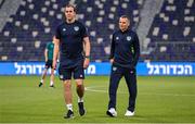 27 September 2022; Republic of Ireland manager Jim Crawford, right, and assistant coach John O'Shea before the UEFA European U21 Championship play-off second leg match between Israel and Republic of Ireland at Bloomfield Stadium in Tel Aviv, Israel. Photo by Seb Daly/Sportsfile