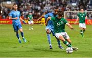 27 September 2022; Ollie O'Neill of Republic of Ireland in action against Zohar Zasno of Israel during the UEFA European U21 Championship play-off second leg match between Israel and Republic of Ireland at Bloomfield Stadium in Tel Aviv, Israel. Photo by Seb Daly/Sportsfile