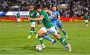 27 September 2022; Ollie O'Neill of Republic of Ireland in action against Zohar Zasno of Israel during the UEFA European U21 Championship play-off second leg match between Israel and Republic of Ireland at Bloomfield Stadium in Tel Aviv, Israel. Photo by Seb Daly/Sportsfile