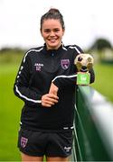 28 September 2022; Ciara Rossiter of Wexford Youths receives the SSE Airtricity Women’s National League Player of the Month August/September 2022 at FAI pitches in National Sports Campus, Dublin. Photo by Ben McShane/Sportsfile