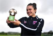 28 September 2022; Ciara Rossiter of Wexford Youths receives the SSE Airtricity Women’s National League Player of the Month August/September 2022 at FAI pitches in National Sports Campus, Dublin. Photo by Ben McShane/Sportsfile