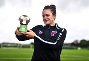 28 September 2022; Ciara Rossiter of Wexford Youths receives the SSE Airtricity Women’s National League Player of the Month August/September 2022 at FAI pitches in National Sports Campus, Dublin. Photo by Ben McShane/Sportsfile