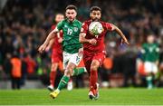 27 September 2022; Taron Voskanyan of Armenia in action against Scott Hogan of Republic of Ireland during UEFA Nations League B Group 1 match between Republic of Ireland and Armenia at Aviva Stadium in Dublin. Photo by Eóin Noonan/Sportsfile