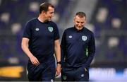 27 September 2022; Republic of Ireland manager Jim Crawford, right, and assistant coach John O'Shea before the UEFA European U21 Championship play-off second leg match between Israel and Republic of Ireland at Bloomfield Stadium in Tel Aviv, Israel. Photo by Seb Daly/Sportsfile