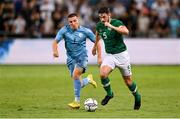 27 September 2022; Eiran Cashin of Republic of Ireland in action against Osher Davida of Israel during the UEFA European U21 Championship play-off second leg match between Israel and Republic of Ireland at Bloomfield Stadium in Tel Aviv, Israel. Photo by Seb Daly/Sportsfile