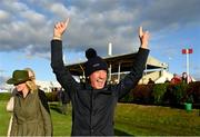 28 September 2022; Winning captain Frankie Dettori celebrates  after winning the Barney Curley Charity Cup at Bellewstown Racecourse in Meath. Photo by Harry Murphy/Sportsfile