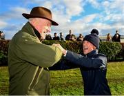 28 September 2022; Frankie Dettori celebrates winning the Barney Curley Charity Cup with losing captain Willie Mullins at Bellewstown Racecourse in Meath. Photo by Harry Murphy/Sportsfile