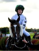 28 September 2022; Rachael Blackmore goes to post on Arctic Blaze before the Barney Curley Charity Cup Handicap at Bellewstown Racecourse in Meath. Photo by Harry Murphy/Sportsfile
