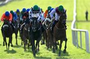 28 September 2022; Bring Us Paradise, with Dylan Browne up, right, lead eventual second placed Wild Shot, with Declan McDonogh up, on their way to winning the Barney Curley Charity Cup Handicap at Bellewstown Racecourse in Meath. Photo by Harry Murphy/Sportsfile