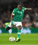 27 September 2022; Michael Obafemi of Republic of Ireland shoots to score his side's second goal during the UEFA Nations League B Group 1 match between Republic of Ireland and Armenia at Aviva Stadium in Dublin. Photo by Ramsey Cardy/Sportsfile