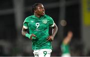 27 September 2022; Michael Obafemi of Republic of Ireland celebrates after scoring his side's second goal during the UEFA Nations League B Group 1 match between Republic of Ireland and Armenia at Aviva Stadium in Dublin. Photo by Ramsey Cardy/Sportsfile