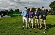29 September 2022; Olympic Federation A Team, from left, Iognáid Ó Muircheartaigh, Olympians John Treacy and Eamonn Coghlan, and Barry Murphy on the first tee box at the Olympic Federation of Ireland’s inaugural Make A Difference Athletes’ Fund Golf Tournament at The K Club in Kildare. The tournament saw 120 participants play the Palmer South Course at the K Club, as Olympians past and present, alongside dignitaries from across the Irish sporting and sponsorship spheres and partners and friends of the Irish Olympic Family came together at the iconic Kildare venue to get behind the Make A Difference Fund. The fund will be distributed directly back to Team Ireland athletes and hopefuls to help support the costs involved in their pursuit of excellence as they strive towards Paris 2024. Photo by Sam Barnes/Sportsfile