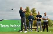 29 September 2022; Galway hurling manager Henry Shefflin watches his drive from the first tee box at the Olympic Federation of Ireland’s inaugural Make A Difference Athletes’ Fund Golf Tournament at The K Club in Kildare. The tournament saw 120 participants play the Palmer South Course at the K Club, as Olympians past and present, alongside dignitaries from across the Irish sporting and sponsorship spheres and partners and friends of the Irish Olympic Family came together at the iconic Kildare venue to get behind the Make A Difference Fund. The fund will be distributed directly back to Team Ireland athletes and hopefuls to help support the costs involved in their pursuit of excellence as they strive towards Paris 2024. Photo by Sam Barnes/Sportsfile
