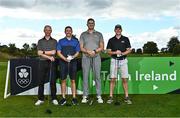 29 September 2022; The Bank of Ireland 1 Team, from left, Thomas Farrell, John Mercer, Colm Power and Richard Jones on the first tee box at the Olympic Federation of Ireland’s inaugural Make A Difference Athletes’ Fund Golf Tournament at The K Club in Kildare. The tournament saw 120 participants play the Palmer South Course at the K Club, as Olympians past and present, alongside dignitaries from across the Irish sporting and sponsorship spheres and partners and friends of the Irish Olympic Family came together at the iconic Kildare venue to get behind the Make A Difference Fund. The fund will be distributed directly back to Team Ireland athletes and hopefuls to help support the costs involved in their pursuit of excellence as they strive towards Paris 2024. Photo by Sam Barnes/Sportsfile