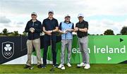 29 September 2022; The Bank of Ireland 2 team, from left, Michael Murphy, Declan Maher, Sean O Murchu and Jim Gavin on the first tee box at the Olympic Federation of Ireland’s inaugural Make A Difference Athletes’ Fund Golf Tournament at The K Club in Kildare. The tournament saw 120 participants play the Palmer South Course at the K Club, as Olympians past and present, alongside dignitaries from across the Irish sporting and sponsorship spheres and partners and friends of the Irish Olympic Family came together at the iconic Kildare venue to get behind the Make A Difference Fund. The fund will be distributed directly back to Team Ireland athletes and hopefuls to help support the costs involved in their pursuit of excellence as they strive towards Paris 2024. Photo by Sam Barnes/Sportsfile