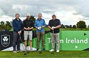 29 September 2022; The Advision Young Team, from left, Bobby Gleeson, Fergal Burke, Liam Griffin and Con Cronin on the first tee box at the Olympic Federation of Ireland’s inaugural Make A Difference Athletes’ Fund Golf Tournament at The K Club in Kildare. The tournament saw 120 participants play the Palmer South Course at the K Club, as Olympians past and present, alongside dignitaries from across the Irish sporting and sponsorship spheres and partners and friends of the Irish Olympic Family came together at the iconic Kildare venue to get behind the Make A Difference Fund. The fund will be distributed directly back to Team Ireland athletes and hopefuls to help support the costs involved in their pursuit of excellence as they strive towards Paris 2024. Photo by David Fitzgerald/Sportsfile