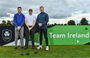 29 September 2022; The Three.ie team, from left, Mark Grainger, Stephen Casey and Gary Walsh on the first tee box at the Olympic Federation of Ireland’s inaugural Make A Difference Athletes’ Fund Golf Tournament at The K Club in Kildare. The tournament saw 120 participants play the Palmer South Course at the K Club, as Olympians past and present, alongside dignitaries from across the Irish sporting and sponsorship spheres and partners and friends of the Irish Olympic Family came together at the iconic Kildare venue to get behind the Make A Difference Fund. The fund will be distributed directly back to Team Ireland athletes and hopefuls to help support the costs involved in their pursuit of excellence as they strive towards Paris 2024. Photo by Sam Barnes/Sportsfile