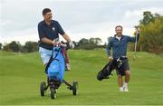 29 September 2022; Niall Quinn, left, and Tomas O'Leary during their round at the Olympic Federation of Ireland’s inaugural Make A Difference Athletes’ Fund Golf Tournament at The K Club in Kildare. The tournament saw 120 participants play the Palmer South Course at the K Club, as Olympians past and present, alongside dignitaries from across the Irish sporting and sponsorship spheres and partners and friends of the Irish Olympic Family came together at the iconic Kildare venue to get behind the Make A Difference Fund. The fund will be distributed directly back to Team Ireland athletes and hopefuls to help support the costs involved in their pursuit of excellence as they strive towards Paris 2024. Photo by David Fitzgerald/Sportsfile