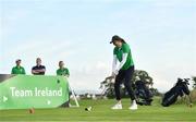 29 September 2022; Olympian Annalise Murphy prepares her drive, watched by playing partners, fellow Olympians Sonia O'Sullivan and Nicci Daly and OFI chief executive Peter Sherrard, on the first tee box at the Olympic Federation of Ireland’s inaugural Make A Difference Athletes’ Fund Golf Tournament at The K Club in Kildare. The tournament saw 120 participants play the Palmer South Course at the K Club, as Olympians past and present, alongside dignitaries from across the Irish sporting and sponsorship spheres and partners and friends of the Irish Olympic Family came together at the iconic Kildare venue to get behind the Make A Difference Fund. The fund will be distributed directly back to Team Ireland athletes and hopefuls to help support the costs involved in their pursuit of excellence as they strive towards Paris 2024. Photo by Sam Barnes/Sportsfile