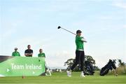 29 September 2022; Olympian Annalise Murphy watches her drive, watched by playing partners, fellow Olympians Sonia O'Sullivan and Nicci Daly and OFI chief executive Peter Sherrard, on the first tee box at the Olympic Federation of Ireland’s inaugural Make A Difference Athletes’ Fund Golf Tournament at The K Club in Kildare. The tournament saw 120 participants play the Palmer South Course at the K Club, as Olympians past and present, alongside dignitaries from across the Irish sporting and sponsorship spheres and partners and friends of the Irish Olympic Family came together at the iconic Kildare venue to get behind the Make A Difference Fund. The fund will be distributed directly back to Team Ireland athletes and hopefuls to help support the costs involved in their pursuit of excellence as they strive towards Paris 2024. Photo by Sam Barnes/Sportsfile