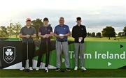 29 September 2022; The Paul Montgomery Team, from left, Andrew O'Connell, Jody Costello, Dermot Costello and Ben Costello on the first tee box at the Olympic Federation of Ireland’s inaugural Make A Difference Athletes’ Fund Golf Tournament at The K Club in Kildare. The tournament saw 120 participants play the Palmer South Course at the K Club, as Olympians past and present, alongside dignitaries from across the Irish sporting and sponsorship spheres and partners and friends of the Irish Olympic Family came together at the iconic Kildare venue to get behind the Make A Difference Fund. The fund will be distributed directly back to Team Ireland athletes and hopefuls to help support the costs involved in their pursuit of excellence as they strive towards Paris 2024. Photo by Sam Barnes/Sportsfile