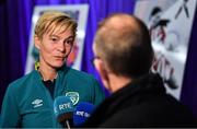 30 September 2022; Manager Vera Pauw speaking to RTÉ reporter David Kelly after a Republic of Ireland women squad announcement at Cadbury HQ in Coolock, Dublin. Photo by Eóin Noonan/Sportsfile
