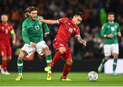 27 September 2022; Lucas Zelarayán of Armenia and Jeff Hendrick of Republic of Ireland during the UEFA Nations League B Group 1 match between Republic of Ireland and Armenia at Aviva Stadium in Dublin. Photo by Ben McShane/Sportsfile