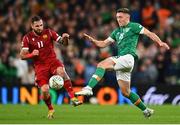 27 September 2022; Dara O'Shea of Republic of Ireland and Tigran Barseghyan of Armenia during the UEFA Nations League B Group 1 match between Republic of Ireland and Armenia at Aviva Stadium in Dublin. Photo by Ben McShane/Sportsfile