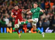 27 September 2022; Dara O'Shea of Republic of Ireland and Tigran Barseghyan of Armenia during the UEFA Nations League B Group 1 match between Republic of Ireland and Armenia at Aviva Stadium in Dublin. Photo by Ben McShane/Sportsfile