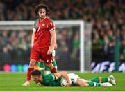 27 September 2022; Khoren Bayramyan of Armenia and Dara O'Shea of Republic of Ireland during the UEFA Nations League B Group 1 match between Republic of Ireland and Armenia at Aviva Stadium in Dublin. Photo by Ben McShane/Sportsfile