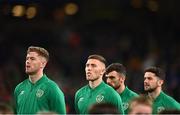27 September 2022; Republic of Ireland players, from left, Nathan Collins, Dara O'Shea, Troy Parrott and Robbie Brady before the UEFA Nations League B Group 1 match between Republic of Ireland and Armenia at Aviva Stadium in Dublin. Photo by Ben McShane/Sportsfile